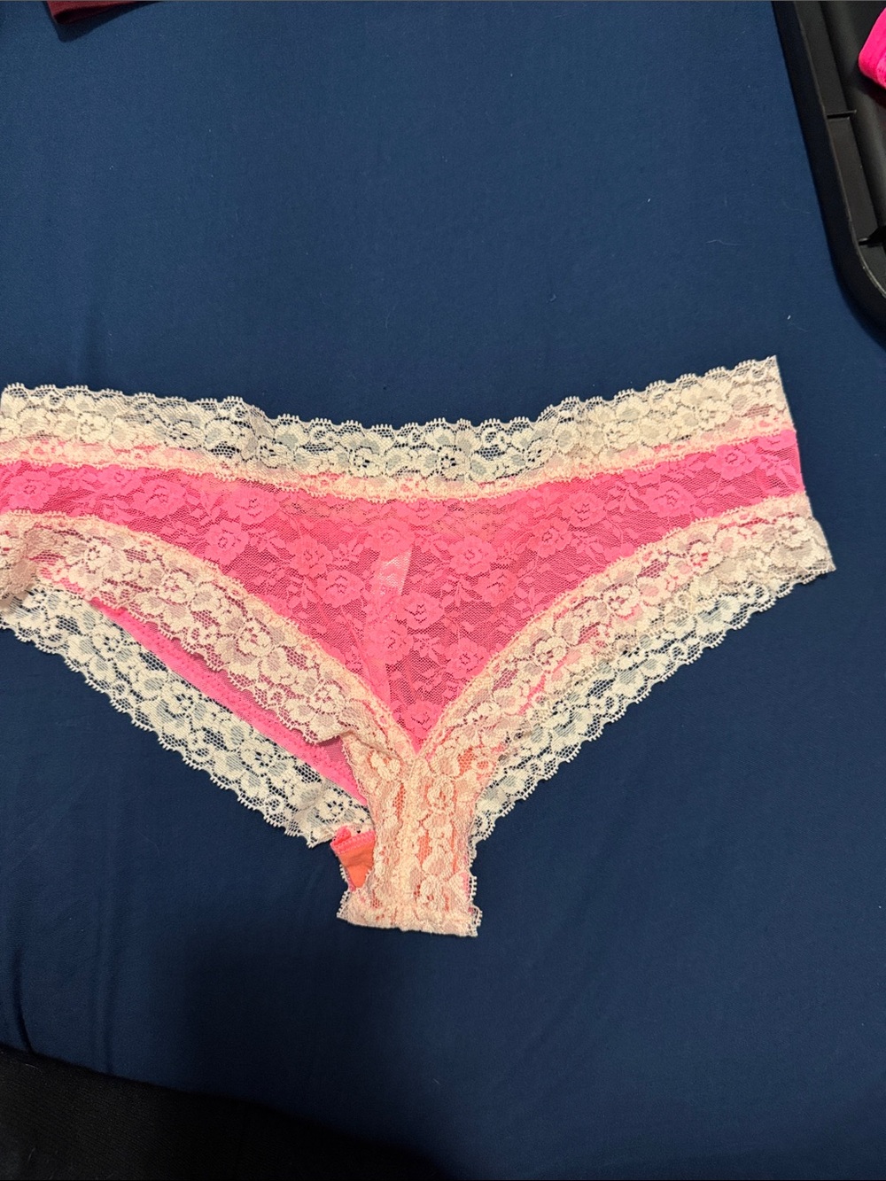 PINK Victoria's Secret Hot Pink Lace Bikini with Cream Trim